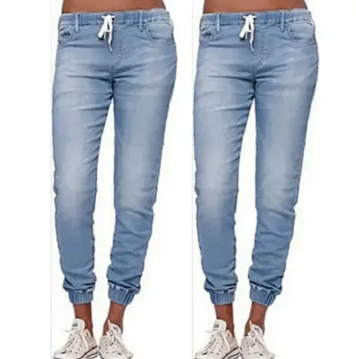 Image de Jeans Femme Lacets Denim Élégant Bleu Noir 2024