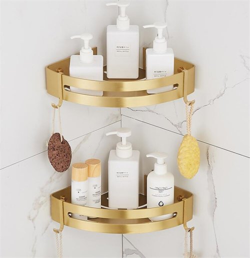 Image of Brushed Gold Aluminum Corner Wall Mount Bathroom Shelf for Shower and Bath – Sleek Shampoo Holder with Space-Saving Design