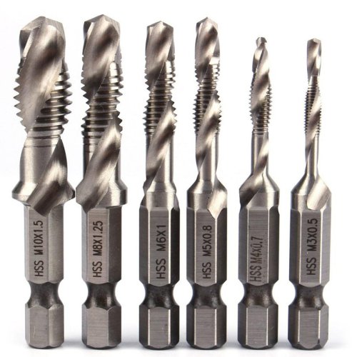 Image of 6-Piece Metric HSS Tap and Drill Bit Set with Countersink and Deburring Tools – M3 to M10, 1/4 Inch Hex Quick Change for Precision Metalworking