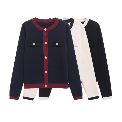 Bild von Herbst Damenmode: Elegante Goldreiher Strickjacke mit Langarm, Schwarz-Weiß Rundhals Pullover Mantel für Frauen