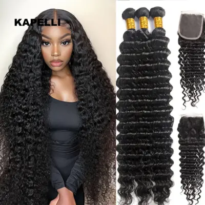 Image de Extensions cheveux brésiliens bouclés 30 pouces avec closure 4x4