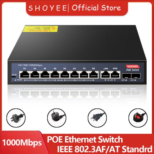 Image of 12-Port Gigabit PoE Ethernet Switch with 52V SFP Uplink Port, Unmanaged Plug-and-Play for IP Cameras and NVR Systems