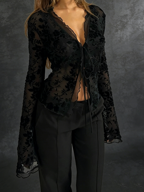 Image de Chemise Soie Volants Manches Trompette - Tendance Automne