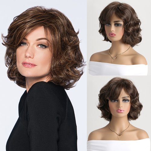 Image of Natural-Looking Short Brown Ombre Curly Synthetic Wig with Bangs – Daily Wear Mommy Hair for Women