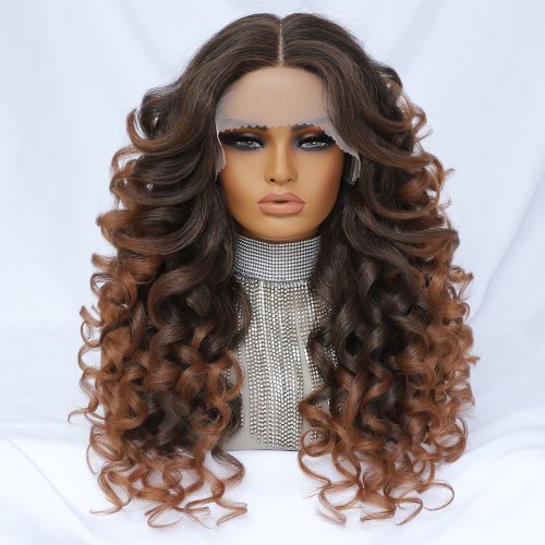 Immagine di Parrucca in Pizzo Sintetico Riccia Marrone Nero con Fronte in Pizzo 13x4x1 - Parrucca Bionda Arancione per Donne, Ideale per Cosplay e Uso Quotidiano