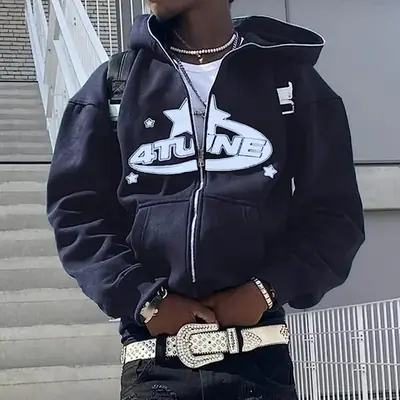 Image de Hoodie Zippé Homme Tendance Y2K - Style Hip Hop & Lettres Esthétiques