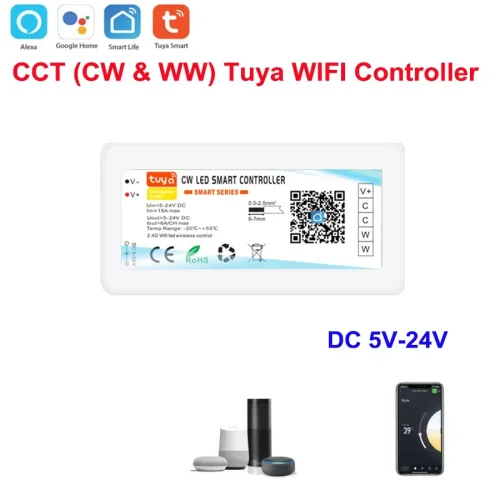 Zdjęcie DC12-24V Tuya WiFi LED Strip Controller 30A DIM/CCT/RGB/RGBW 5050 COB LED Light Dimmer Smart Life Voice Control dla Alexa Google