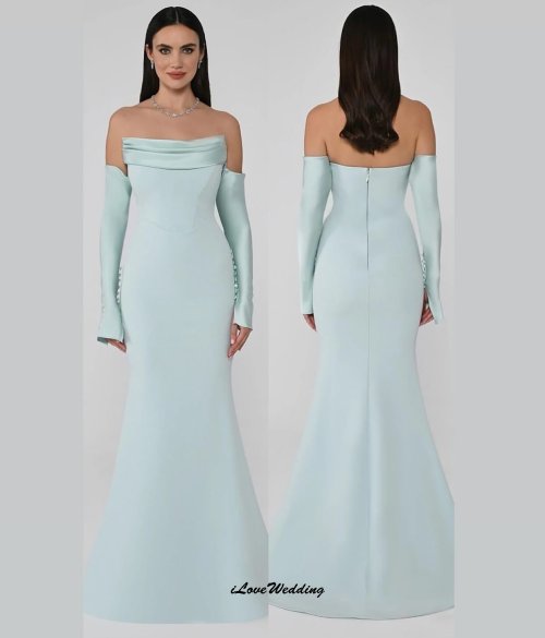 Image of Elegant Sky Blue Strapless Satin Mermaid Bridesmaid Dress with Open Back and Boat Neck for Wedding Party 2025 – Custom Made for Women