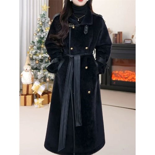Zdjęcie Zimowa Moda Ekskluzywna Długa Futrzana Kurtka Damska Nowa Dwurzędowa Luźna z Paskiem Gruba Ciepła Kurtka Futrzana Odzież Wierzchnia