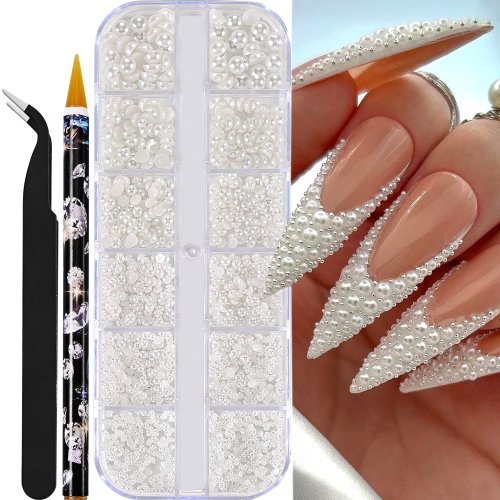 Image of Natural White Half Round Pearl Nail Charms – 3D Flatback Beads for Nail Art & DIY Craft Projects in 1.5mm, 2mm, 2.5mm, 3mm, 4mm, 5mm Sizes