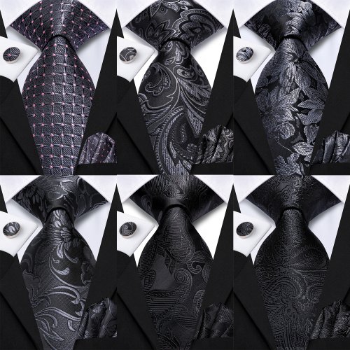 Bild von Elegantes Herren-Set mit schwarz-grauer floraler Krawatte, passendem Taschentuch und Manschettenknöpfen – perfekt für Hochzeiten, Partys und formelle Anlässe