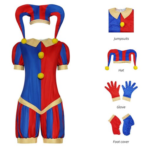 Immagine di Costume da Circo Pomni per Adulti Taglia 3XL con Cappello e Guanti - Abito da Carnevale e Halloween Stile Vintage