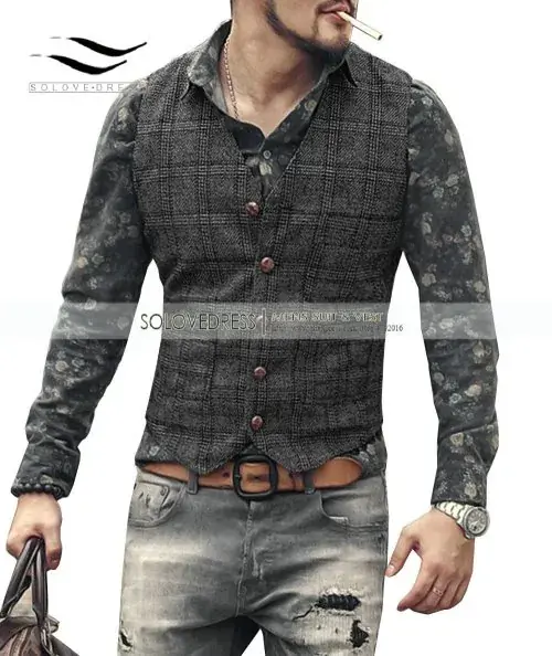 Image de Gilet Homme en Laine Tweed à Carreaux - Élégant & Décontracté