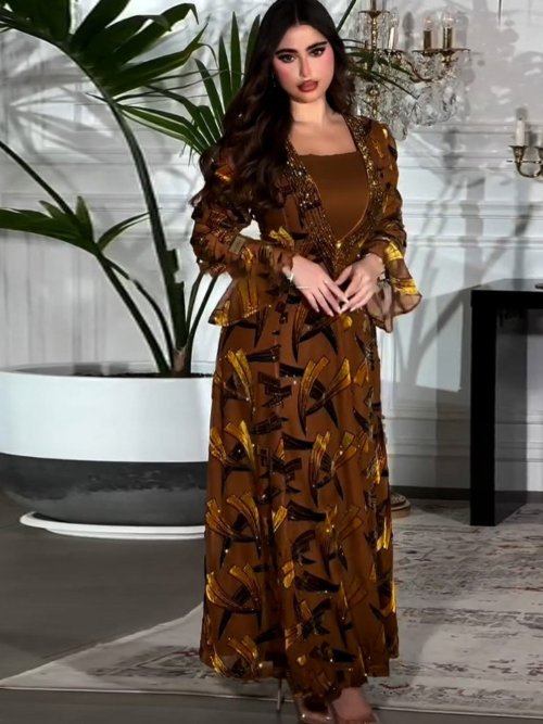 Zdjęcie Elegancka Damska Sukienka Abaya z Sznurowaniem – Muzułmańska Dżalabija z Rozkloszowanymi Rękawami, Idealna na Eid, Ramadan i Imprezy