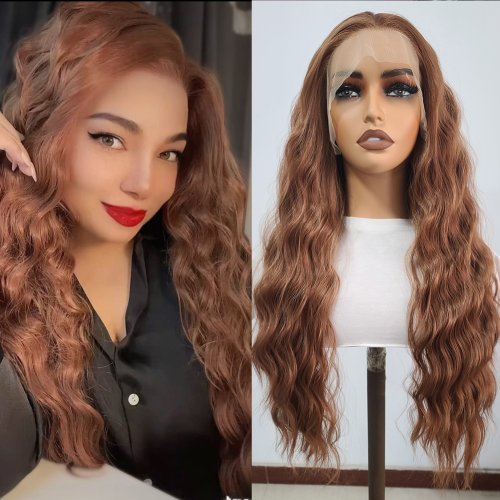 Image of Natural Looking Synthetic Lace Front Wig for Women – Long Brown Hair with Pre-Plucked Hairline, Perfect for Everyday Wear and Cosplay