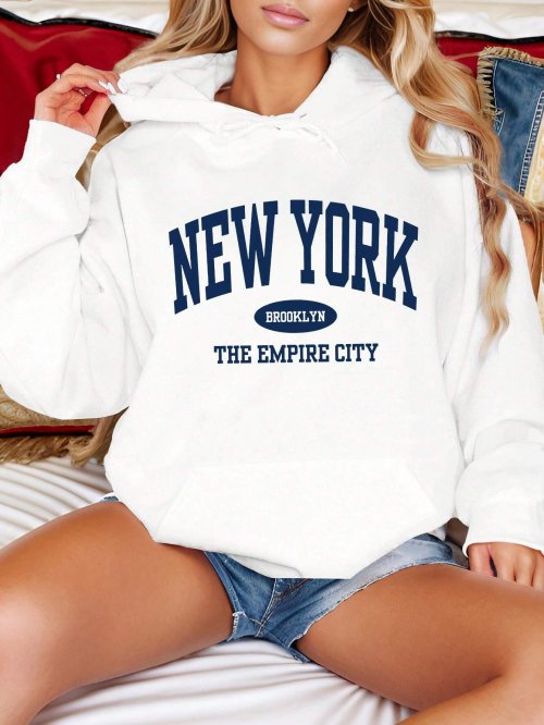 Zdjęcie Kreatywna, Wielokolorowa Bluza z Kapturem z Nadrukiem Literowym – Nowojorski Styl Brooklyn, Luźna Bluza Y2K w Dухu Streetwear, Unisex
