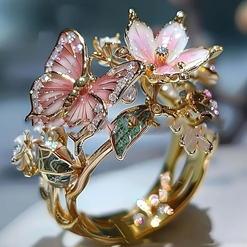 Imagen de Anillo de Mariposa y Flores con Diamantes de Imitación para Mujer – Joya Romántica con Cierre Ajustable, Elegante y Resistente a la Decoloración, Ideal como Regalo para Bodas o Fiestas
