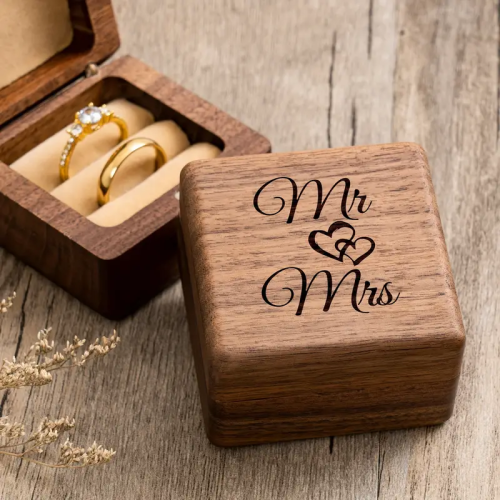 Afbeelding van Elegante Gegraveerde Walnoothouten Ringdoos voor Verlovingsvoorstel en Huwelijksceremonie – Luxe Mr & Mrs Ringdragerdoos voor 2 Ringen met Displayfunctie