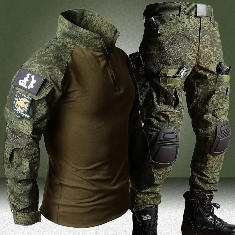 Afbeelding van RU Camo Tactische Sets Mannen Outdoor Ademende T-shirts met lange mouwen + Multi-pocket Rechte Cargo Broek 2 Stuks Pak T