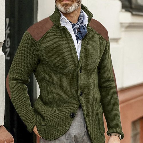 Afbeelding van Herfst Winter Heren Gebreid Vest Single Breasted Turn Down Kraag Gebreide Trui Jassen Mode Patchwork Mannelijke Trui Jas