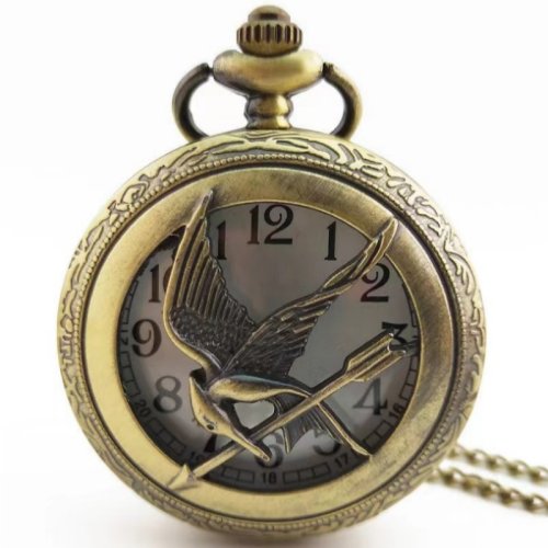 Image of Stylish Bronze Pocket Watch with Retro Quartz Movement and Hollow Mockingbird Design Inspired by The Hunger Games