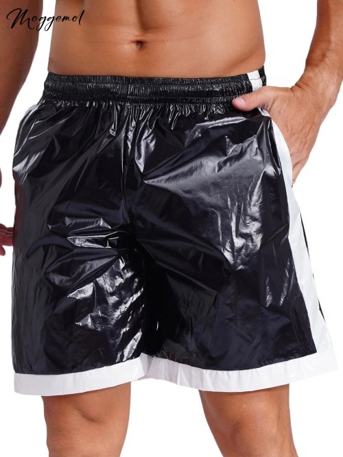 Image of Men's Wet Look Boxer Shorts with Drawstring Elastic Waist, Pockets, Waterproof Beach Shorts & Swimming Trunks – Loose Fit Short Pants for Club Wear