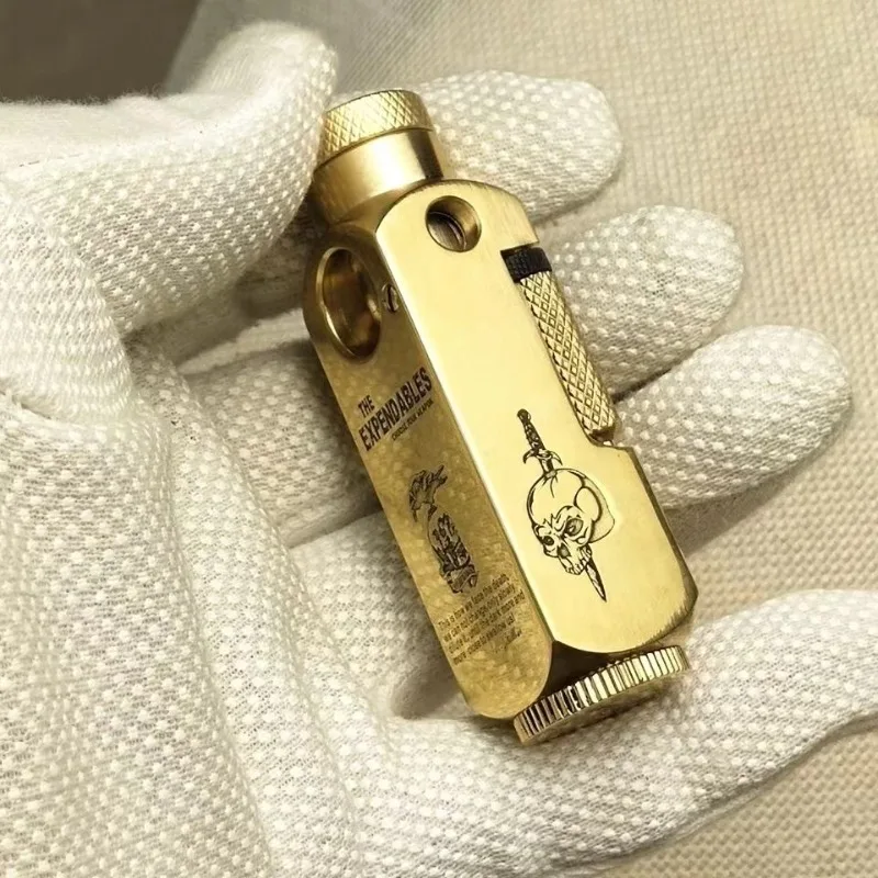 Image of Luxury Heavy-duty Trench Shaped Brass Lighter with Laser Carved Hexagonal Patterns, Personalized Retro Creative Lighter