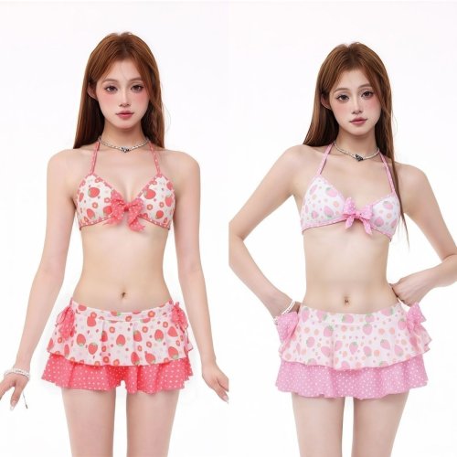 Imagen de Traje de Baño Estilo Japonés Kawaii para Niñas y Mujeres, Bikini con Cuello Halter, Estampado Dulce y Volantes, Conjunto Ideal para Nadar y Verano