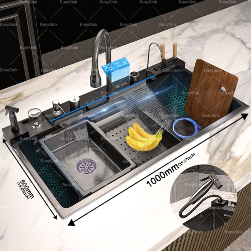 Image of Premium Stainless Steel Kitchen Sink with Waterfall Faucet, Extra Large Single Bowl, Digital Display & Multifunctional Dishwashing Features