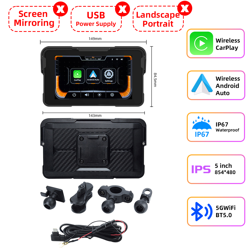 Immagine di Schermo GPS per Moto 5" con CarPlay Wireless e TPMS