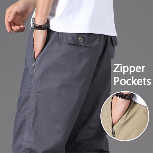 Immagine di Pantaloni Casual da uomo con tasche con cerniera in cotone di alta qualità 2023 estate autunno elastico in vita pantaloni sportivi da lavoro Utility