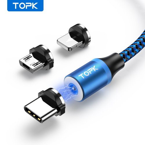 Zdjęcie Magnetyczny Kabel Ładowania 3 w 1 z Obrotem 360° – Uniwersalny Przewód USB-C, Micro USB i Lightning z LED oraz Topką do Telefonów