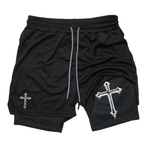 Immagine di Pantaloncini da Corsa da Allenamento 2 in 1 con Stampa Incrociata per Uomo, Pantaloncini Sportivi da Palestra con Fodera a Compressione, Tasca per Telefono e Loop per Asciugamano