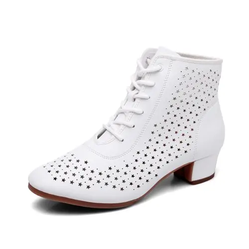 Image de Bottines de Danse Latine Femme - Talon Carré Blanc Ajouré
