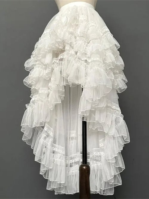 Image of Elegant Gothic Lolita Lace Layered JSK Princess Skirt for Women – High Waist, Cute Kawaii Mesh Ruffles Evening Costume Cosplay Dress