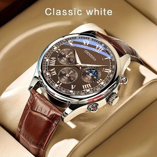 Immagine di Ginevra di alta qualità da uomo di lusso cintura moda orologio al quarzo da uomo rotondo studente d'affari Sport orologio bagliore impermeabile