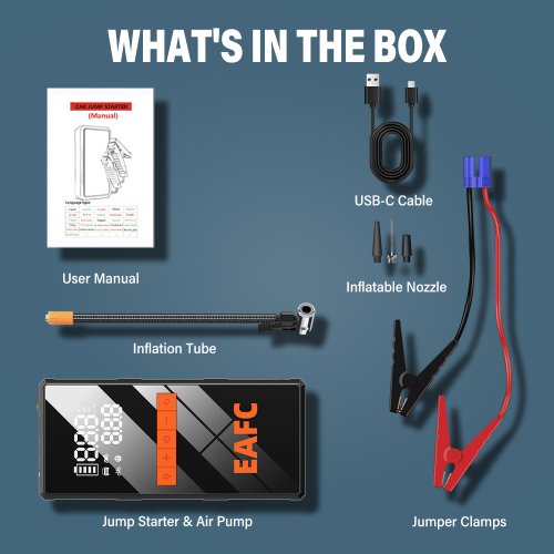 Afbeelding van 12V Auto Jump Starter met Draadloze Bandenpomp, Luchtcompressor, Power Bank en Drinkbare Batterij – Snelle Oplading & Startfunctie voor Auto's