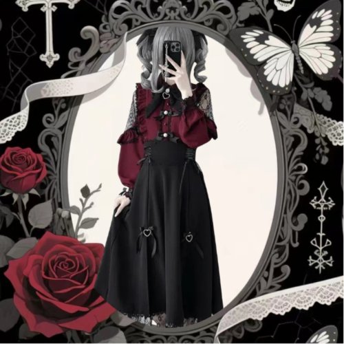 Afbeelding van Elegante Bordeaux Jirai Kei JK Rok Uniform Cosplay Jurk met Sweetheart Halslijn – Lolita Stijl voor Meisjes en Vrouwen, Perfect voor Themafeesten en Ontmoetingen