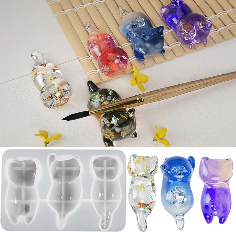 Image of Handcrafted 3D Lying Cat Silicone Mold for Epoxy Resin – DIY Crystal Keychain & Pen Holder Craft Kit