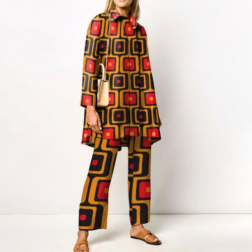 Imagen de Conjuntos de pantalones con estampado Vintage para mujer, camisas largas y pantalones de piernas anc...