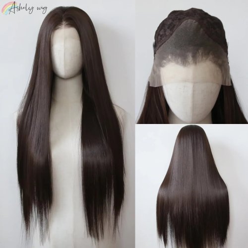 Afbeelding van Synthetische Lace Front Pruik Donkerbruin – Lange Rechte Haarstijl met Natuurlijke Haarlijn voor Vrouwen