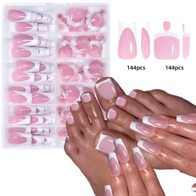 Image de Ongles Faux Français 144 Pièces - Brillants & Prêts à Porter