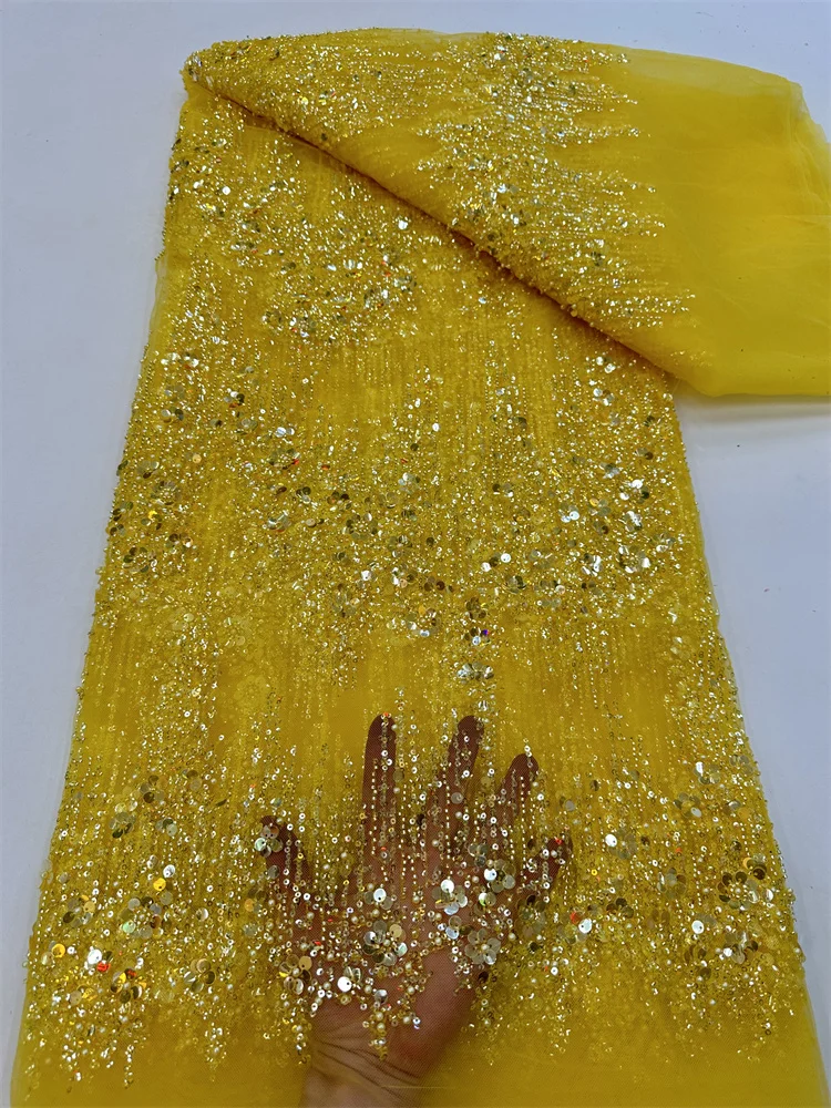 Imagen de Tela de Encaje con Cuentas y Lentejuelas Amarillas de Lujo para Vestidos de Novia y Noche 2024 - Diseño Africano Francés en Tul y Malla