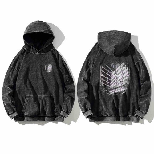 Afbeelding van Unisex Vintage Gewassen Retro Aanval op Titan Katoenen Hoodie - High Street Sweatshirt voor Dames en Heren, Streetwear Trui met Capuchon in Zwart