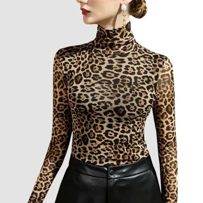 Image de Haut Femme Imprimé Léopard Col Haut - Ultra Mince & Ajusté