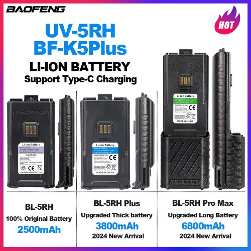 Image of Baofeng UV-5RH BF-K5Plus Walkie Talkie Battery 2024 New Upgraded Enlarge Battery 6800/3800mAh Li-ion Battery Can Type-C Charging