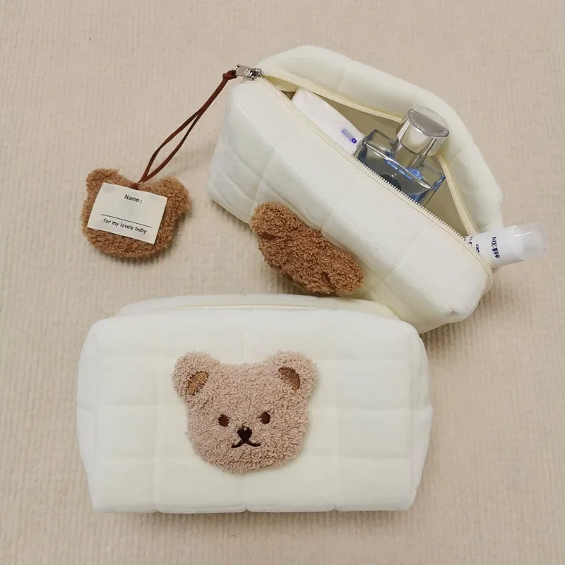 Image of Portable Cute Bear Baby Toiletry Bag – Reusable Cotton Cosmetic Organizer for Mommy, Diaper Pouch & Makeup Storage