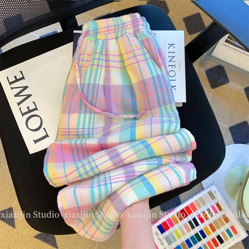 Immagine di Pantaloni a Gamba Larga Scozzesi Colorati da Donna con Vita Alta, Stile Casual Retrò Joker