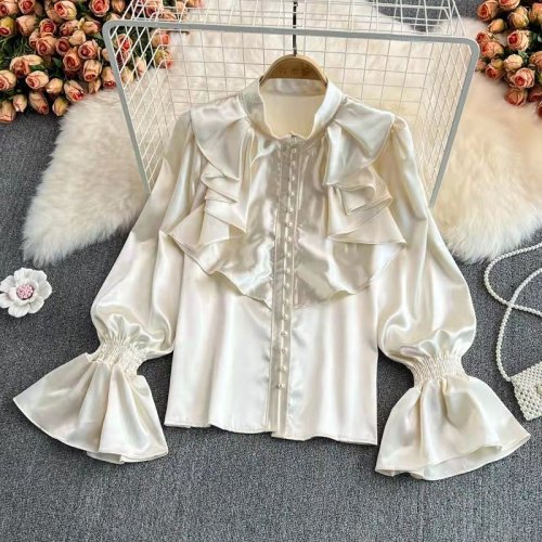 Image of Elegant Women's Ruffle Flared Sleeve Blouse with Stand Collar – Black and White Retro Chic Loose Top in French Design