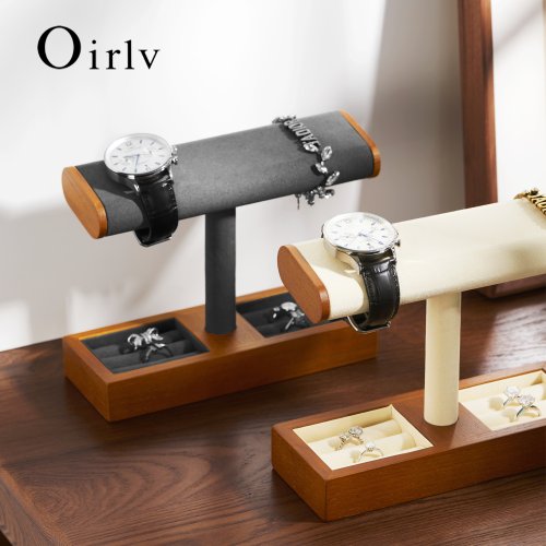 Immagine di Organizzatore di Gioielli in Legno Naturale con Supporto a T – Espositore per Orologi, Collane, Bracciali e Anelli – Vetrina da Tavolo per la Presentazione di Accessori